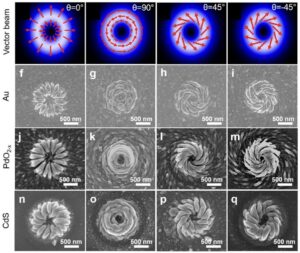 Polarization-directed growth of spiral nanostructures by laser direct writing with vector beams