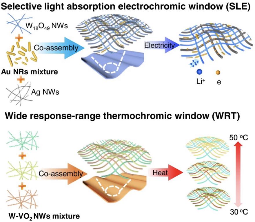 Nanowire-based smart windows combining electro- and thermochromics for dynamic regulation of solar radiation